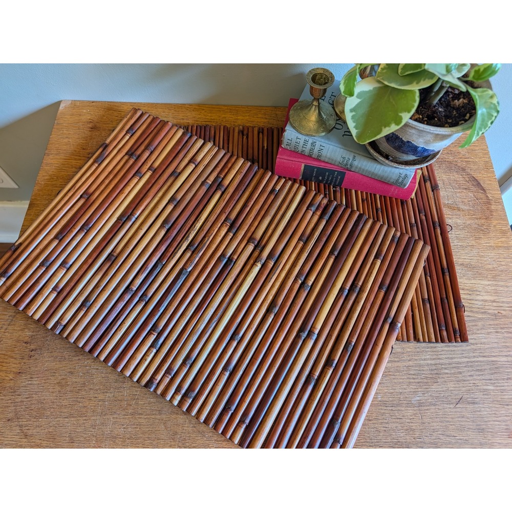 Vintage 70s Bamboo Placemats Set of 2 Tiki Tropical Table Mats Brown Boho Decor